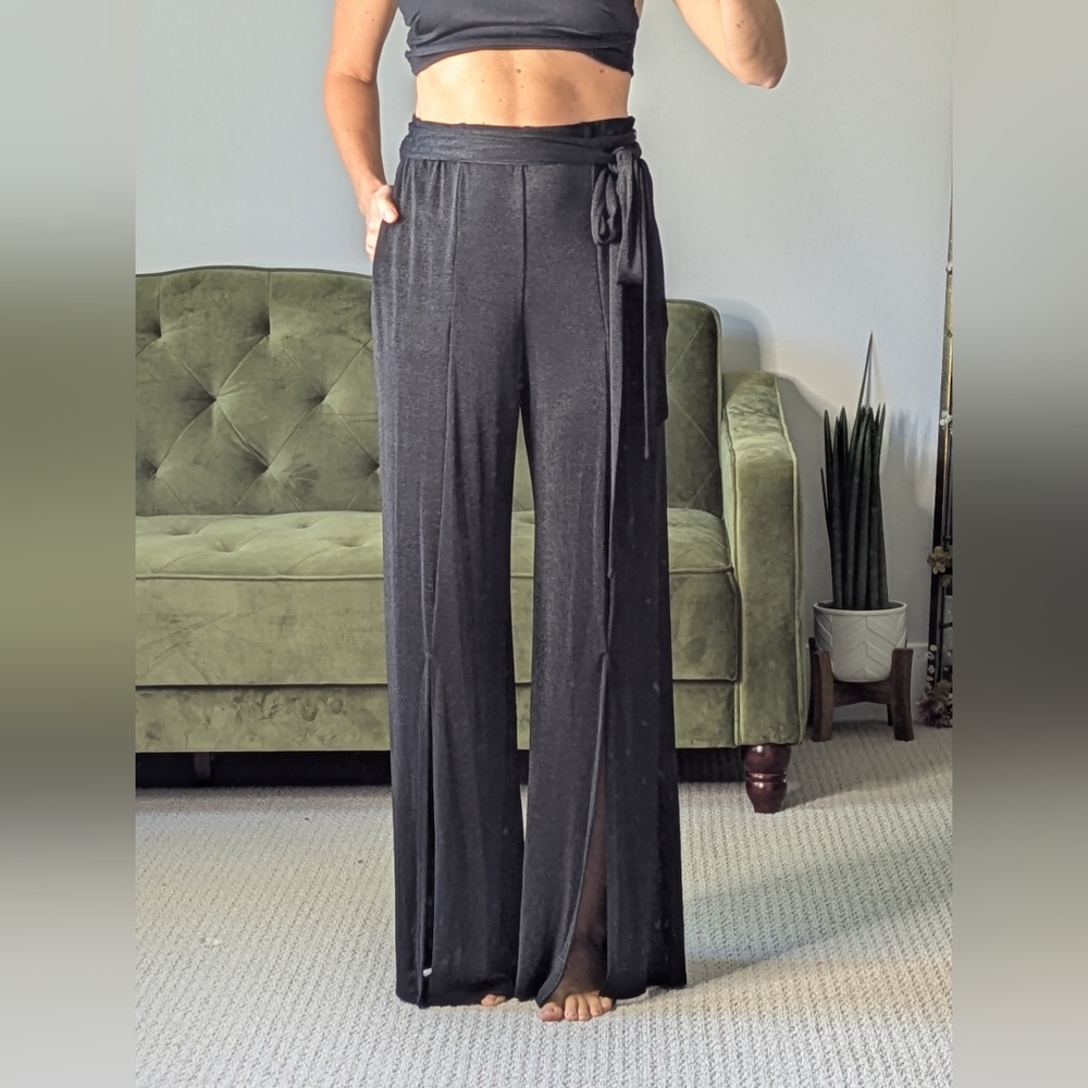 Willow & Clay Wide Leg Pants Trouser Palazzo Front Slit Tie Waist Women's Small